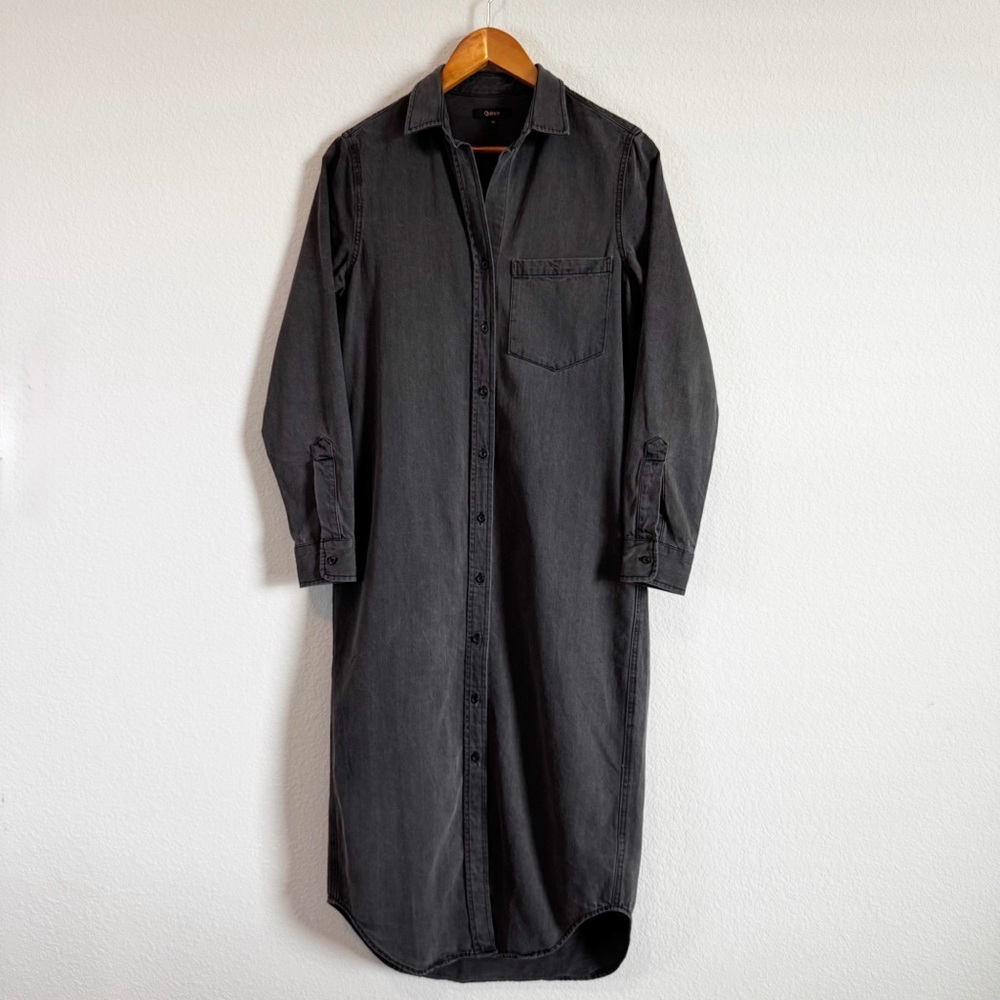 Quince Women's Distressed Denim Black Wash Maxi Shirt Dress Size XS